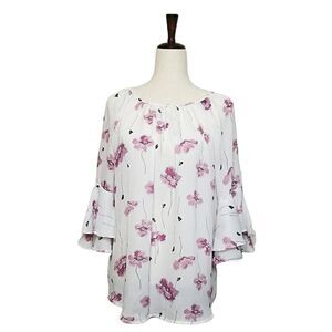 Chaps White & Pink Floral 3/4  Ruffle Sleeve Keyhole Chiffon Blouse Size M
